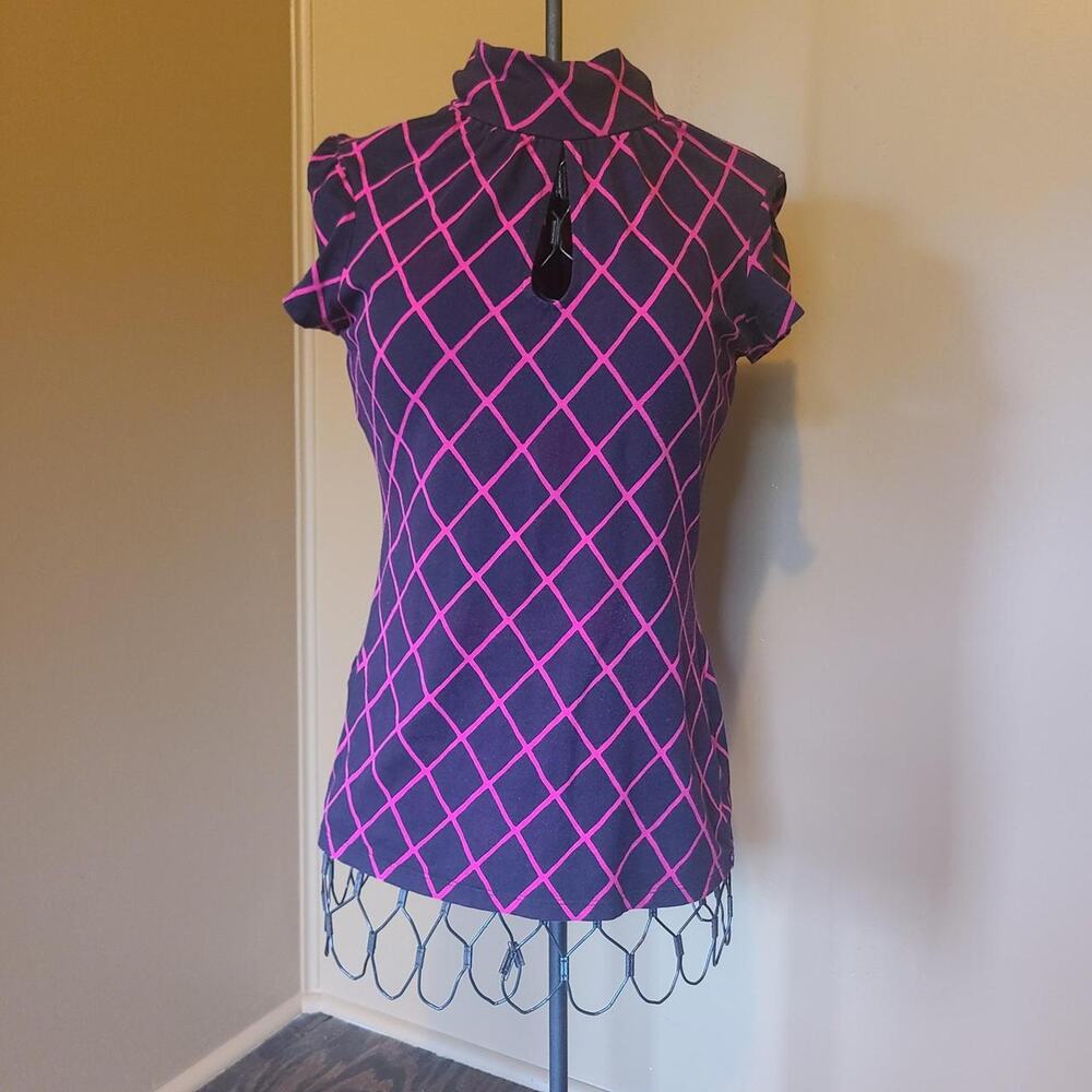 Vintage Y2K Express Pink Red Wine Diamond Harlequin Keyhole Mock Neck Top Size M